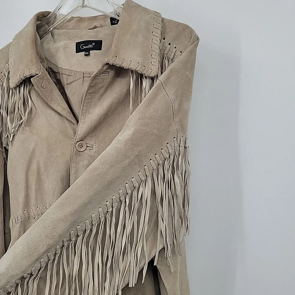 Genelli Mens Leather Fringe Jacket Size XXL Blonde Tan Coat Vintage - Picture 6 of 16